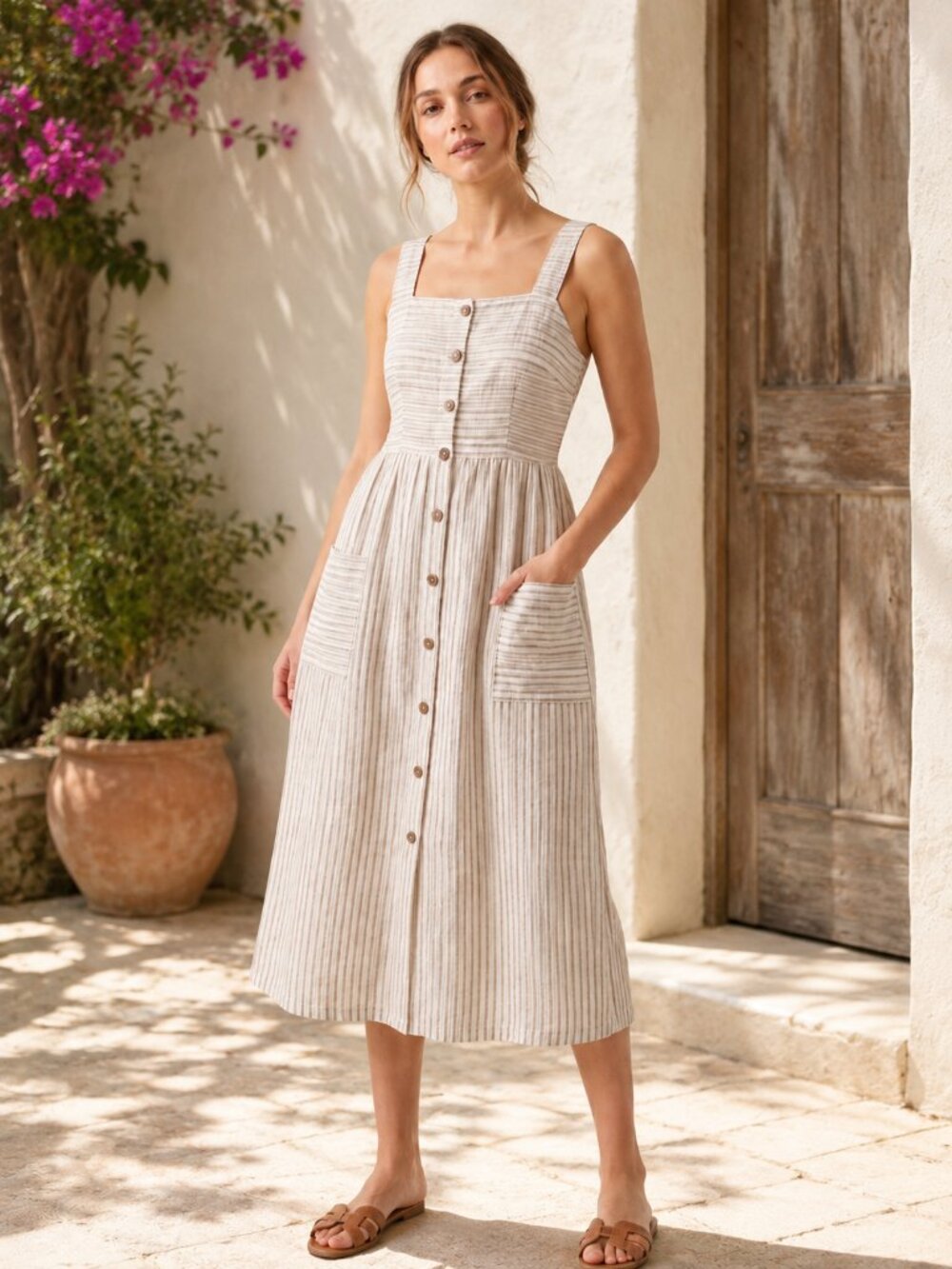 Artisan NY 100% Linen Striped Button-Front Midi Sundress Sz 4
